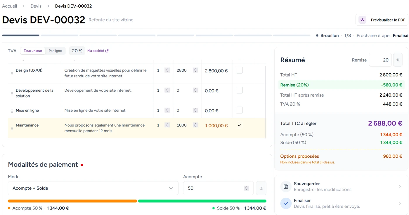 Un devis au brouillon dans PYR CRM, avec ses prestations, ses modalités de paiement en acompte et solde, et le résumé qui applique la remise.