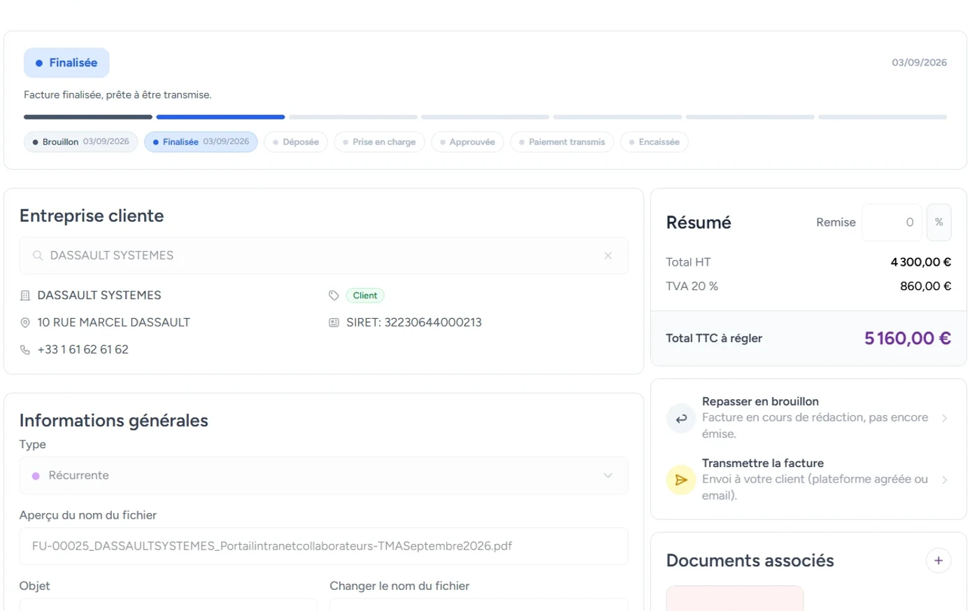 Une facture dans PYR CRM, avec son parcours de transmission et son statut de traitement.