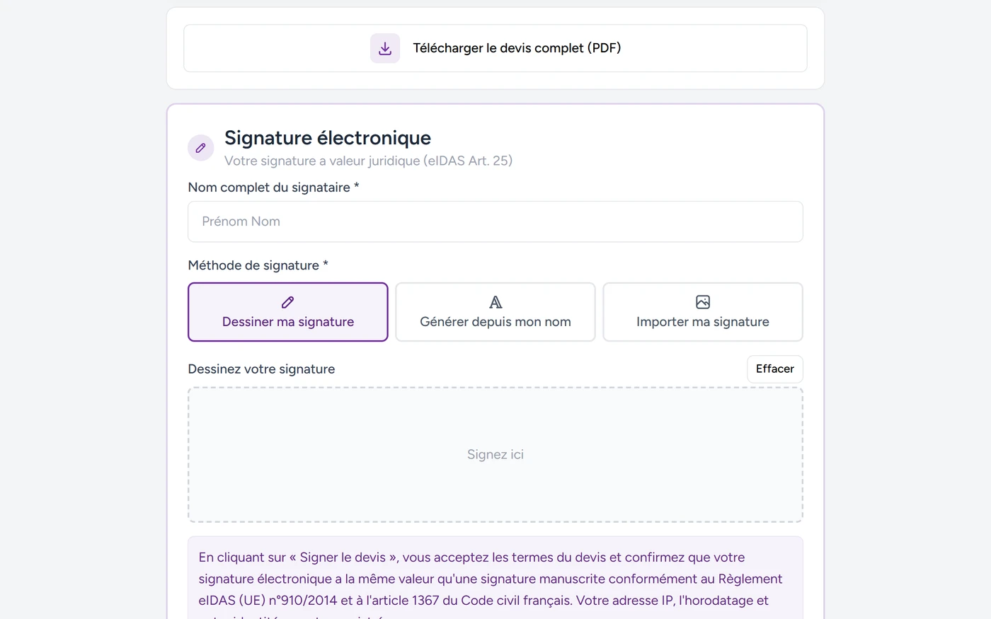 La page de signature électronique vue par le client, avec les trois façons de signer.